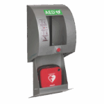 Geopende SixCase SC1330 AED buitenkast met schuifmechanisme en zichtbare AED